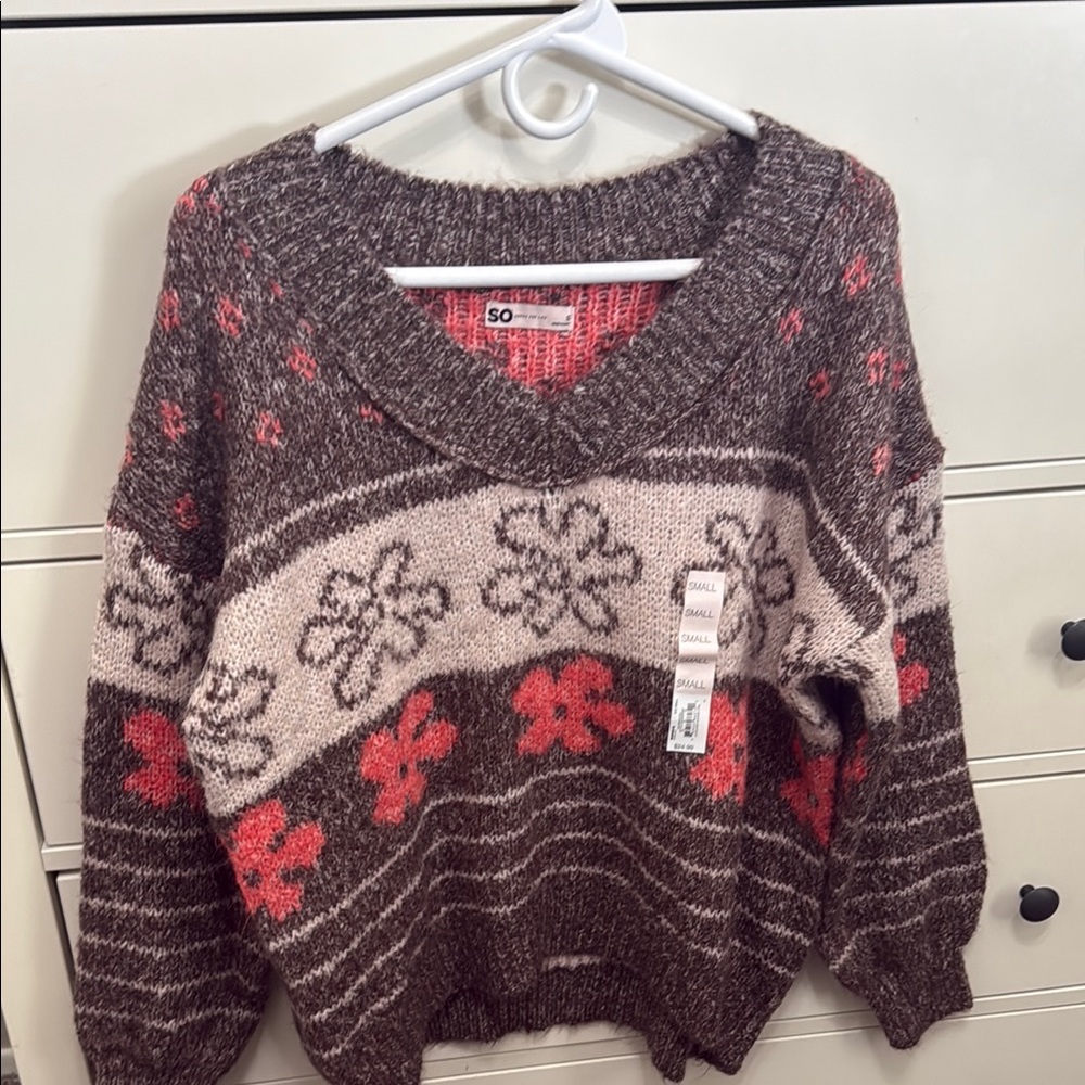 SO Brown and Pink V-Neck Sweater Cozy Knit